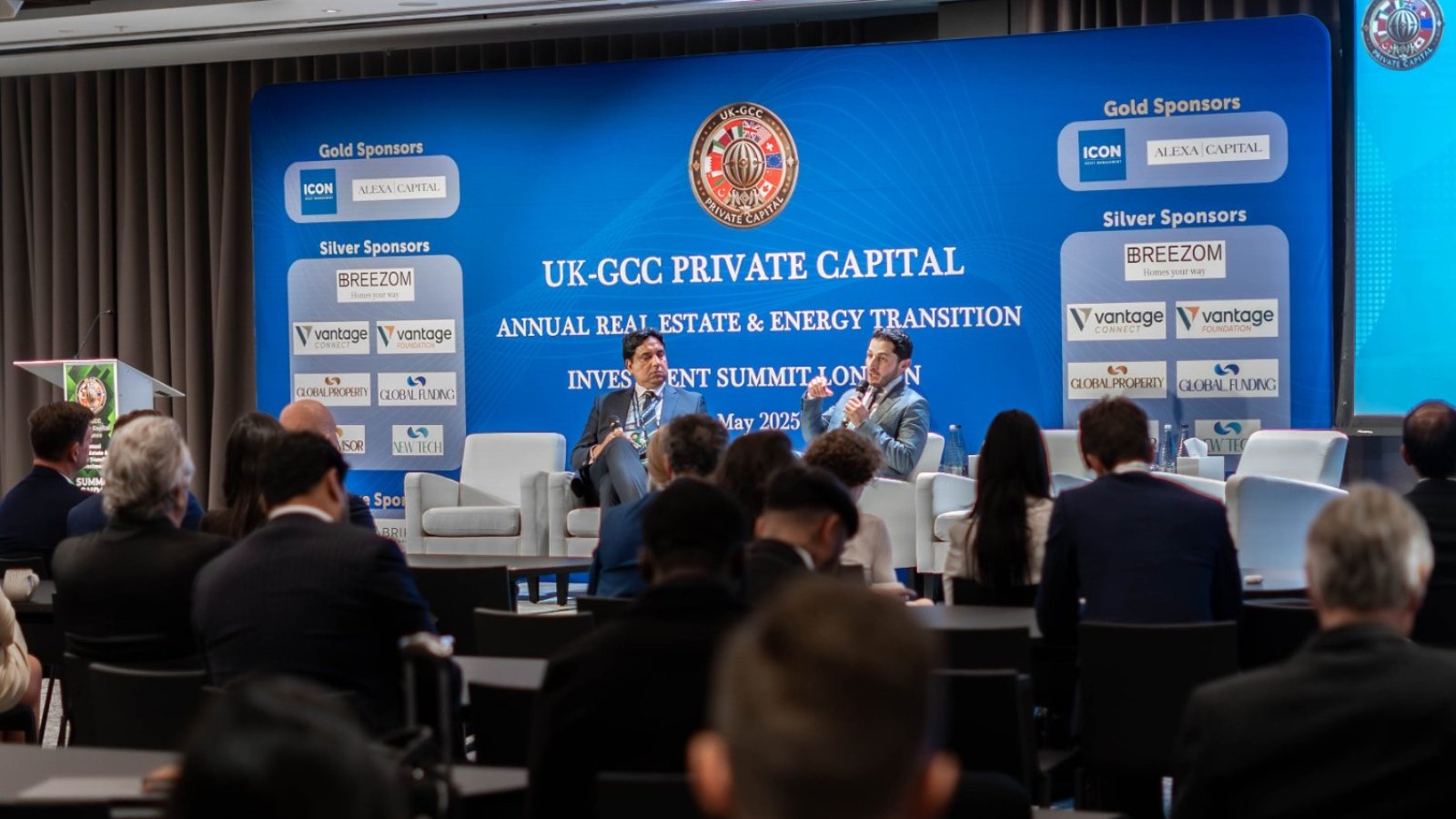 Majid Mufti and Imtiaz Hussain fireside chat on stage, UK-GCC Private Capital Investment Summit London, 28 May 2025